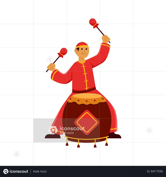 Chinese man playing drum  Illustration