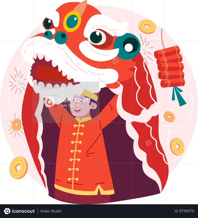 Chinese man playing lion dance  Illustration