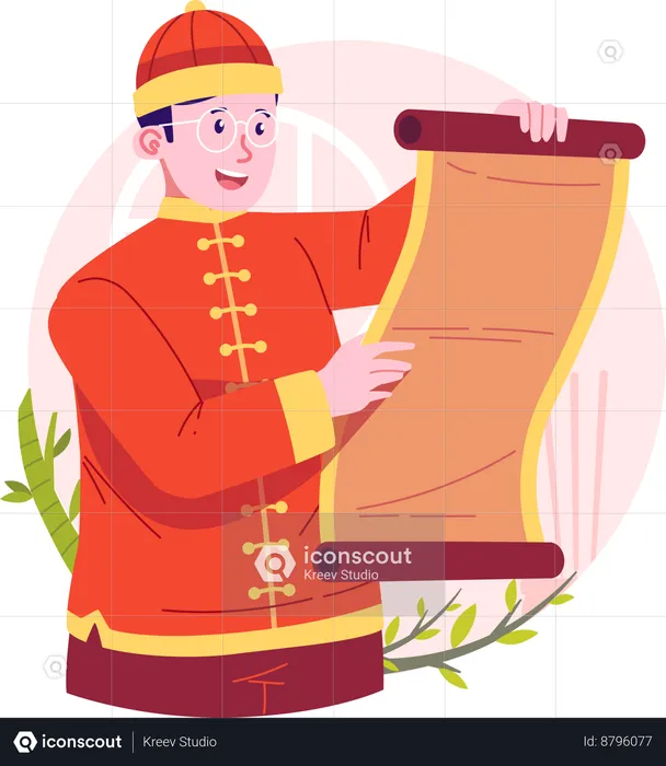 Chinese man read greeting scroll  Illustration