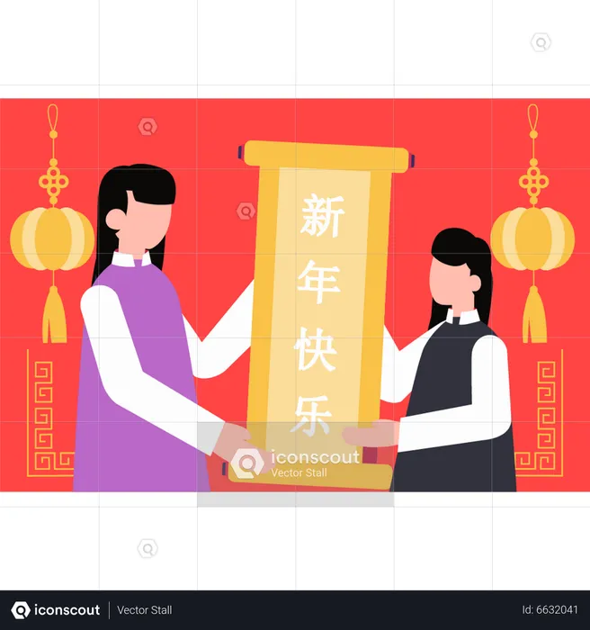 Girls with scroll roll on Chinese New Year  Illustration