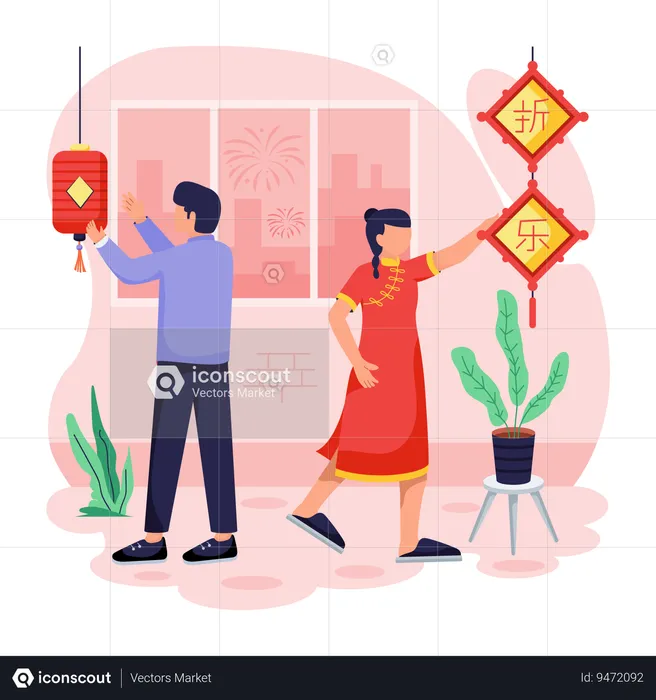 Chinese People Decorating home  Illustration