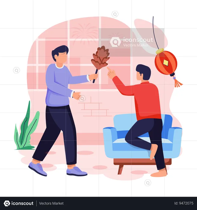 Chinese people Dusting home  Illustration