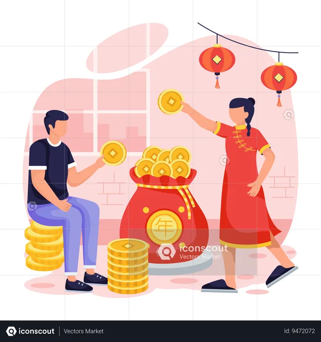 Chinese people with Lucky Bag  Illustration