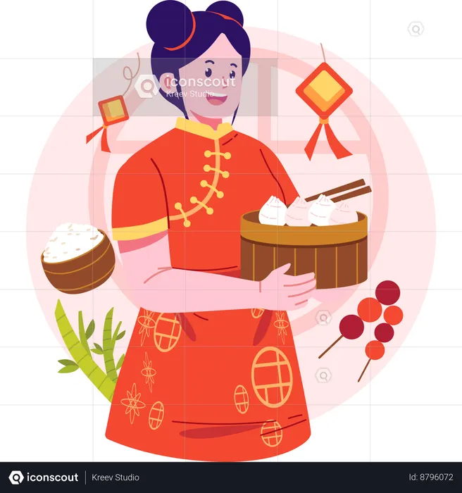 Chinese woman bringing dimsum  Illustration