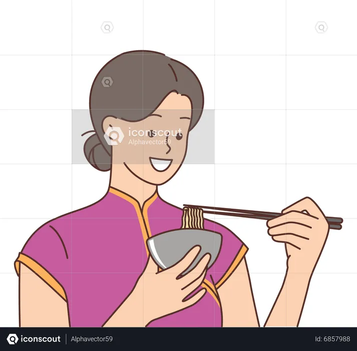 Chinese woman eating noodle  Illustration