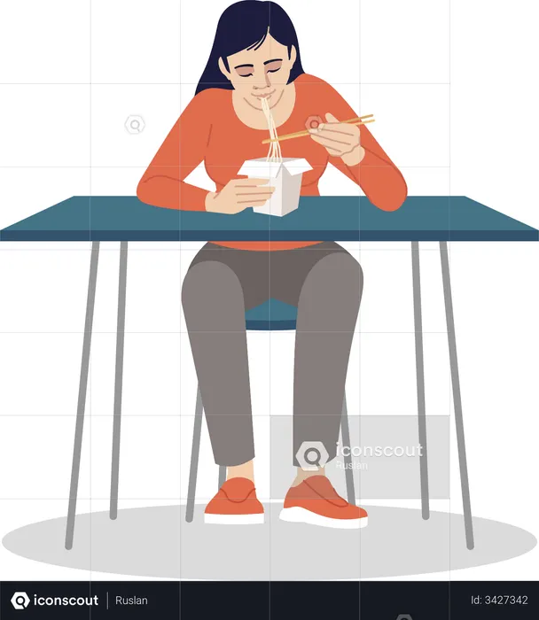 Chinese woman eating noodles with chopsticks  Illustration