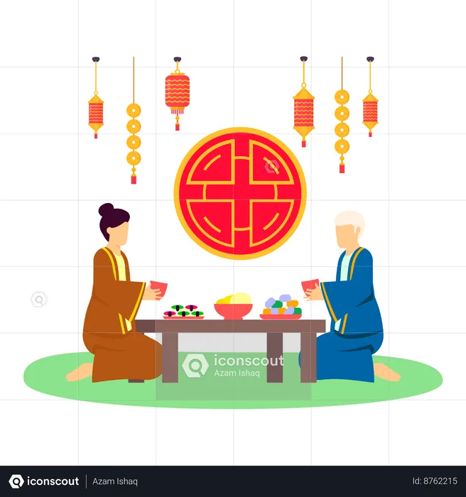 Chinese woman enjoying hot tea  Illustration