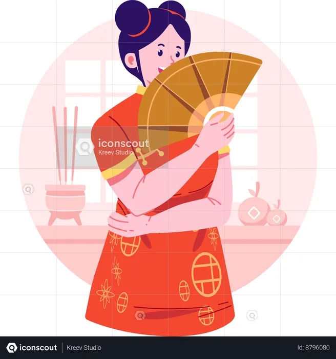 Chinese woman holding chinese fan  Illustration