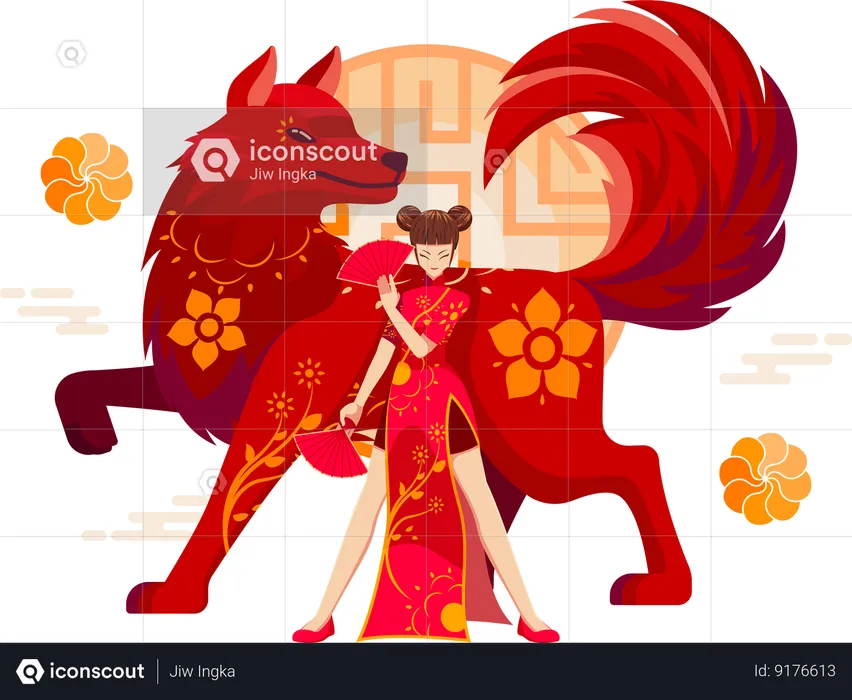 Chinese Zodiac Dog with Chinese girl  Illustration