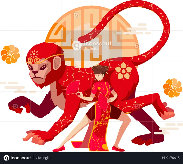 Chinese Zodiac Monkey with Chinese girl  Illustration