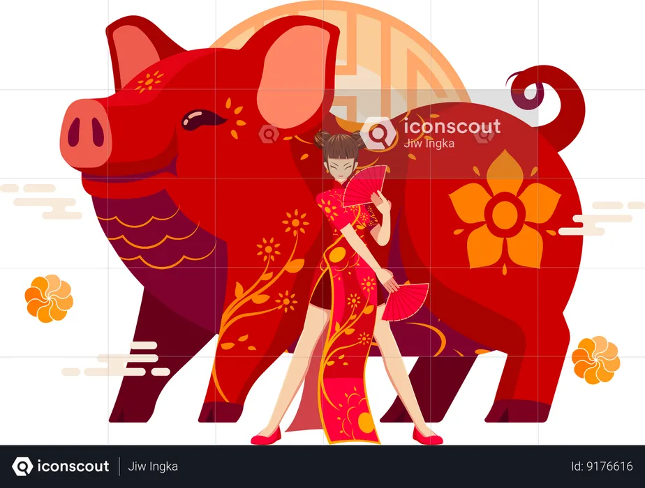Chinese Zodiac Pig with Chinese girl  Illustration