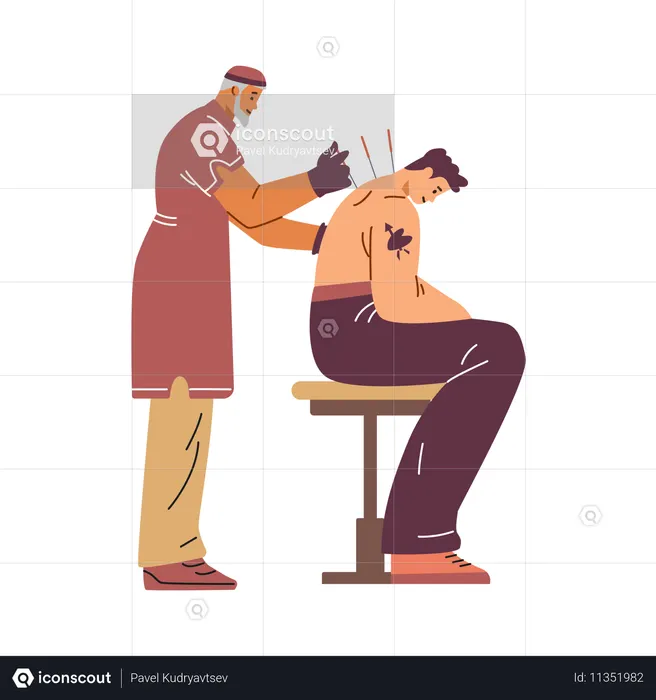Chinesischer Arzt führt eine Akupunktursitzung für einen jungen Mann durch  Illustration