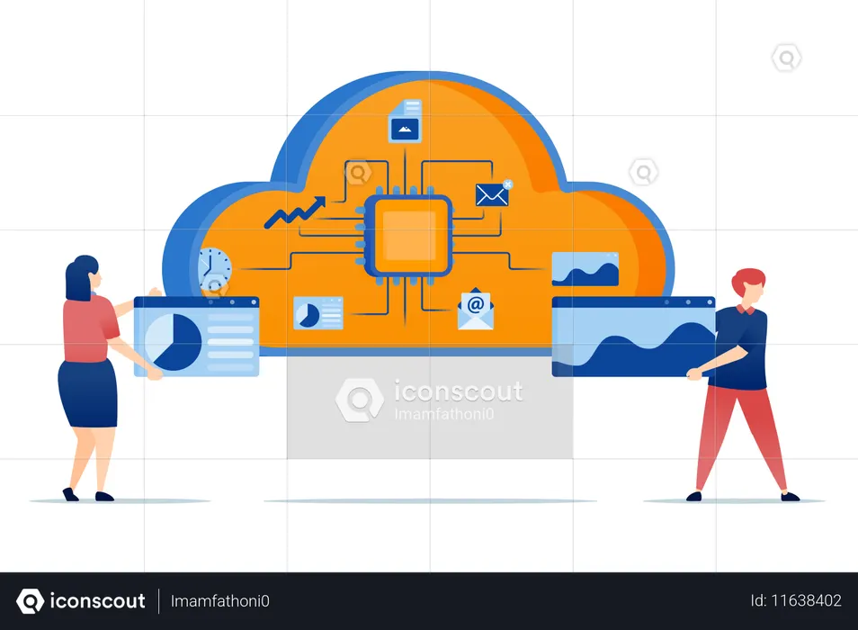 Chips in cloud connect multiple tasks and data for processing with learning machines improving automation system efficiency  Illustration