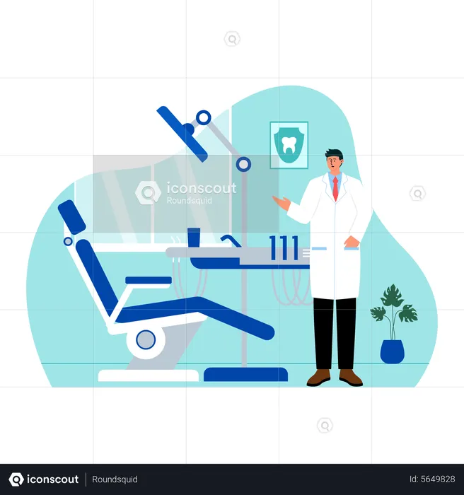 Dentiste masculin montrant sa clinique  Illustration