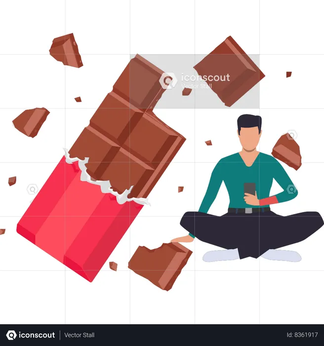 Chocolate está comendo barra de chocolate e navegando no telefone  Ilustração