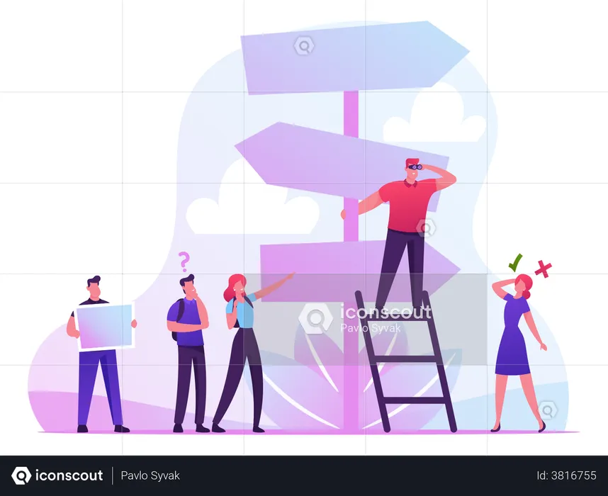 Choice Way Concept With Confused Business People Stand At Road Pointer  Illustration