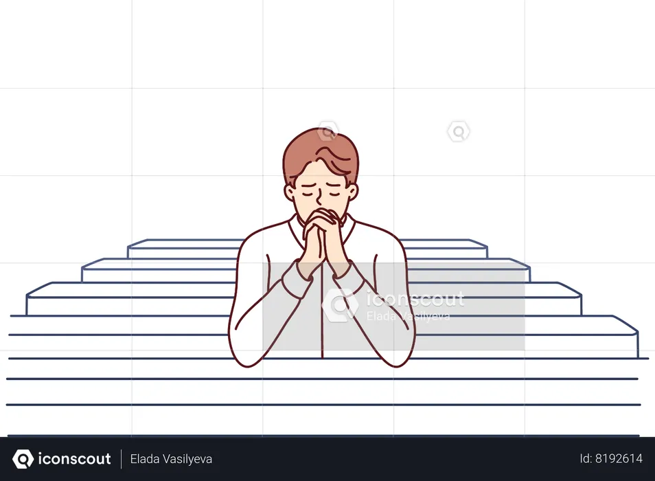 Christian man sits and prays in catholic church  Illustration