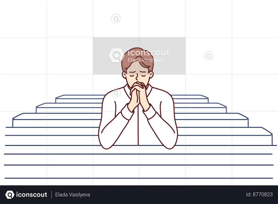 Christian man sits and prays in catholic church  Illustration