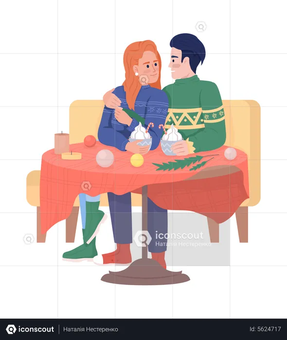 Christmas date with hot drinks for couple  Illustration