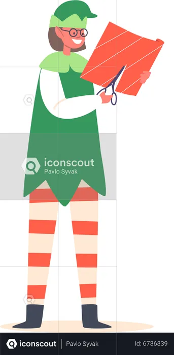 Christmas Elf Cutting Paper For Wrapping Gifts  Illustration