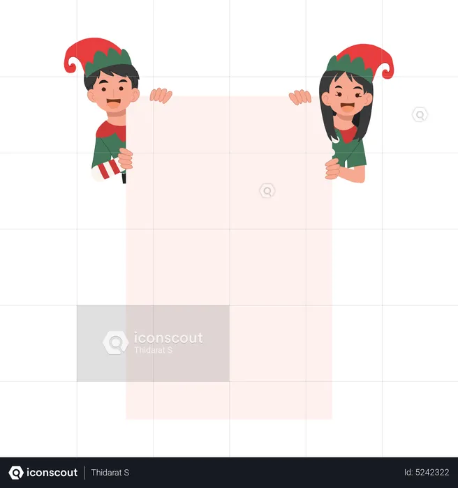 Christmas elf kids with empty signboard  Illustration