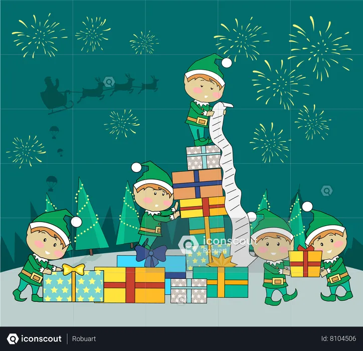 Christmas Elves Packing christmas Presents  Illustration