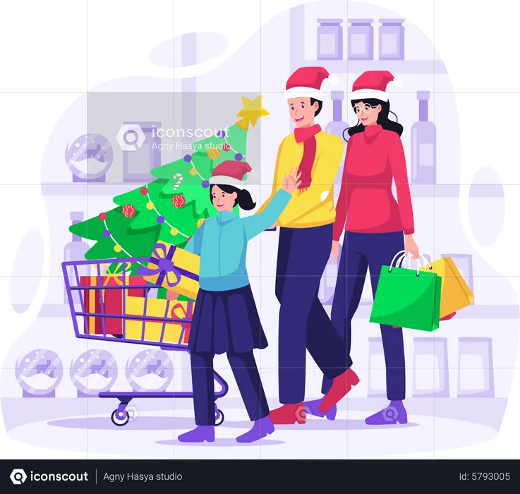 Christmas Family Shopping  Illustration