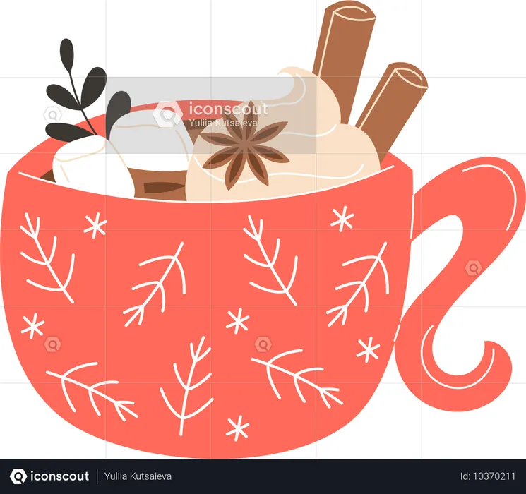 Christmas hot chocolate in a mug with marshmallows  Illustration