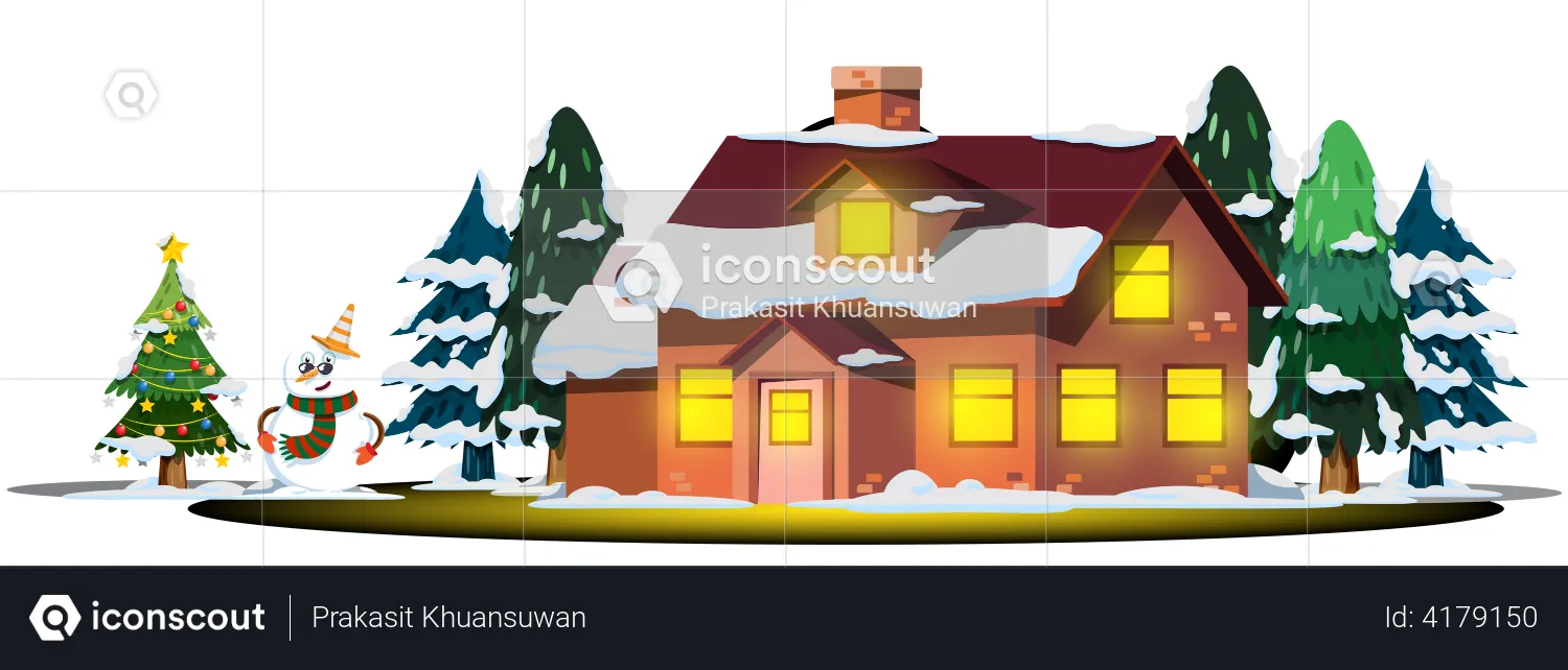 Christmas house with snowman and Christmas tree  Illustration