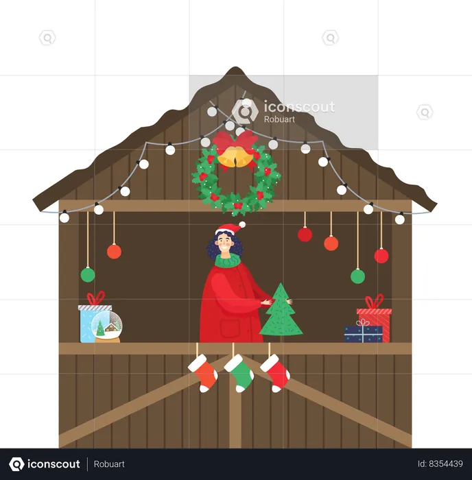 Christmas Market Seller with Pine Tree and Present  Illustration