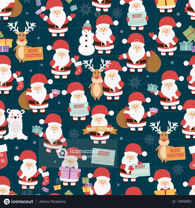 Christmas seamless pattern with Santa Claus, reindeer, bear and gifts  Illustration