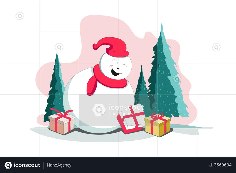 Christmas Snowman with Gift  Illustration
