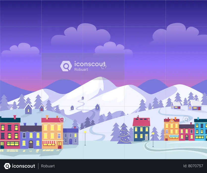 Christmas Town with Decorated Houses and Hills  Illustration