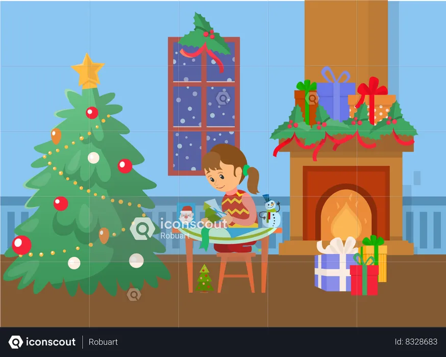 Christmas Tree and Child Making Handmade Presents  Illustration