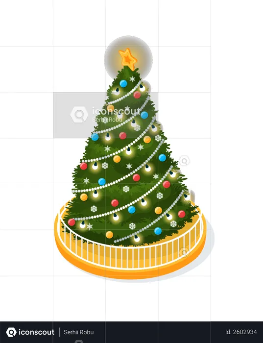 Christmas Tree Decorated With Glowing Garlands  Illustration