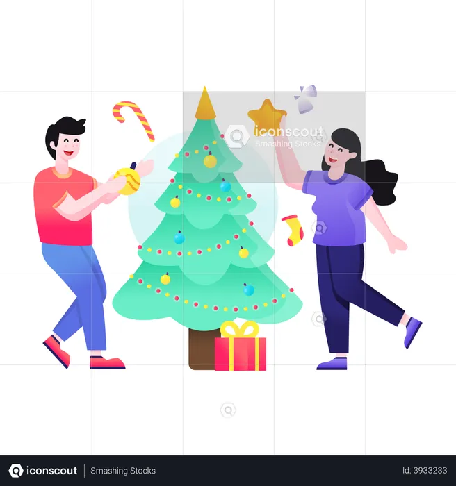 Christmas tree decoration by couple  Illustration