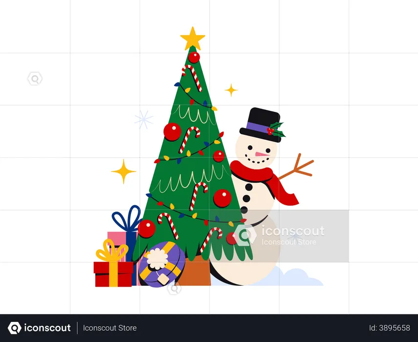 Christmas tree with snowman  Illustration