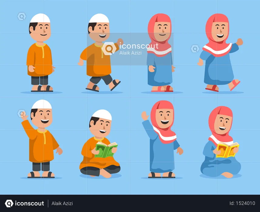 Chubby Boy And Girl Moslem Character Set  Illustration