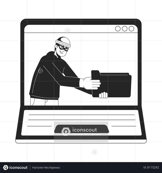 Ladrão cibernético segurando a tela do laptop pasta  Ilustração