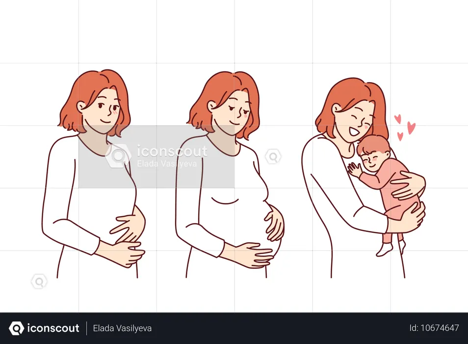 Ciclo de gravidez da mulher magra e durante o período de concepção e após o nascimento do bebê  Ilustração