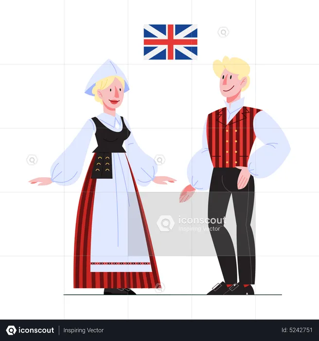 Cidadão do Reino Unido em traje nacional com bandeira  Ilustração