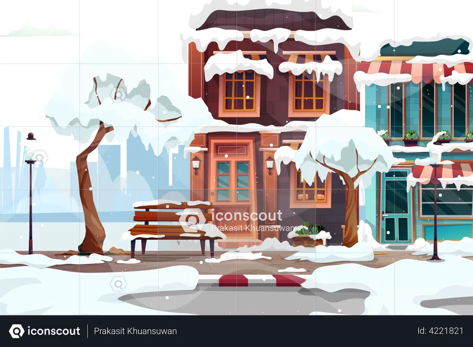 Cidade de inverno com casas  Ilustração
