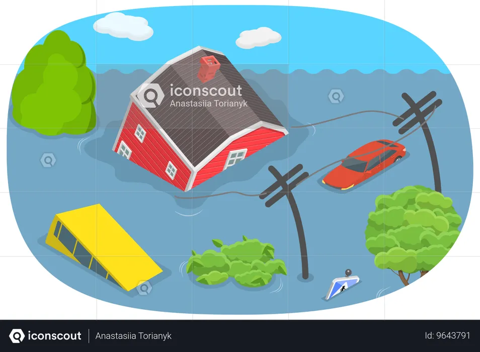 Cidade inundada e perigo climático  Ilustração