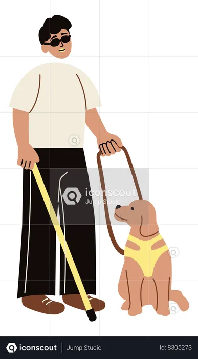 Ciego caminando con perro mascota.  Ilustración