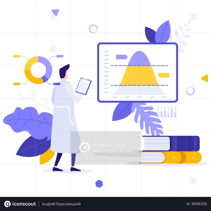 Científico analizando la distribución gaussiana  Ilustración