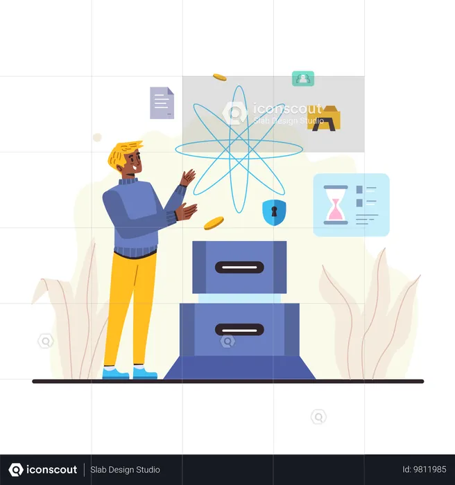 Científico de datos masculino trabajando con algoritmo  Ilustración