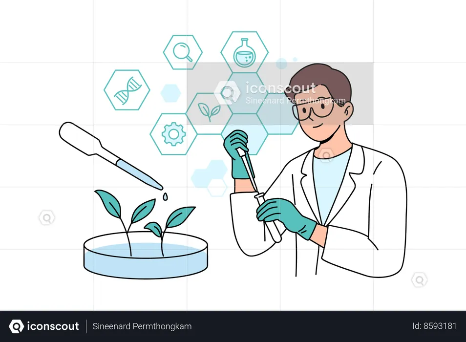 Científico haciendo experimento de biotecnología  Ilustración