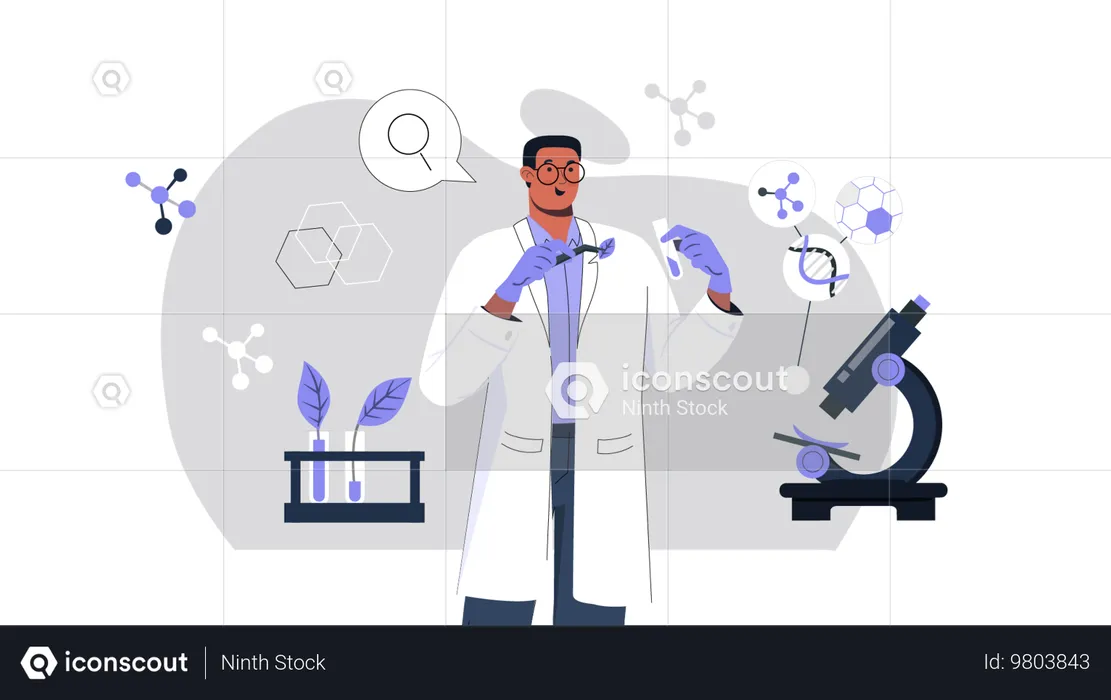 Científico masculino haciendo bioinvestigación  Ilustración