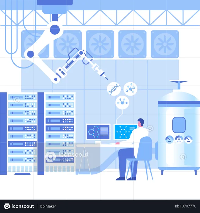 Científico masculino investigando en un laboratorio científico automatizado  Ilustración