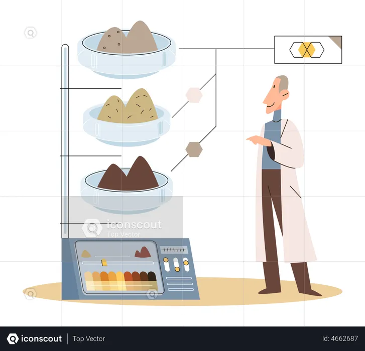 Científico realizando investigaciones sobre diferentes tipos de suelos  Ilustración